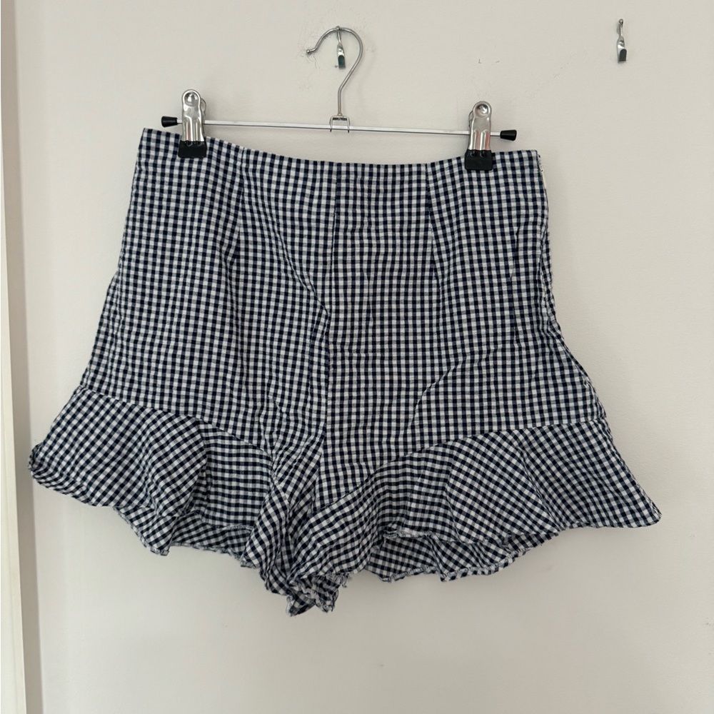 Zara Gingham Navy Ruffled Shorts